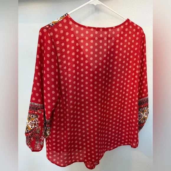 West Kei Red Boho Tie-Front Peasant Blouse with Ivory & Mustard Accents - Picture 4 of 6